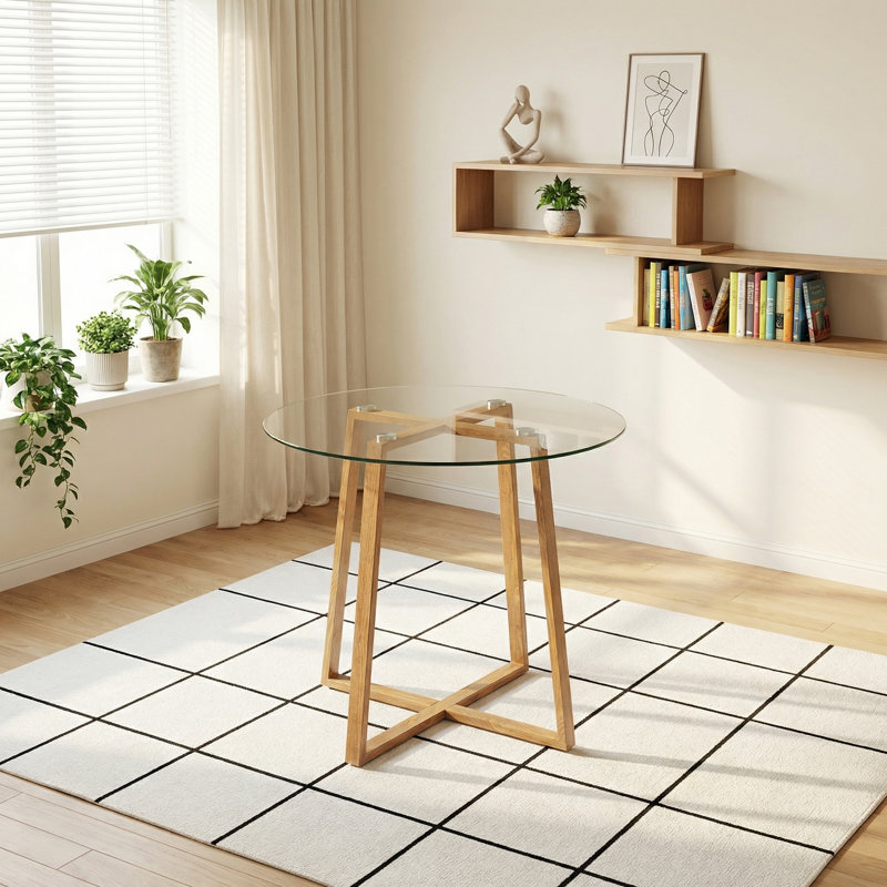 Nero Round Glass Top Metal Base Dining Table, Clear, Brown