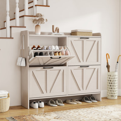 Armoire de rangement pour chaussures Farmhouse avec 4 tiroirs rabattables, armoire à chaussures pour entrée, couloir, blanc vieilli