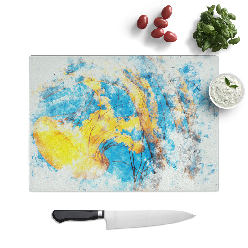 Tempered Glass Jellyfish Watercolour Chopping Board, 28.5 cm x 39 cm