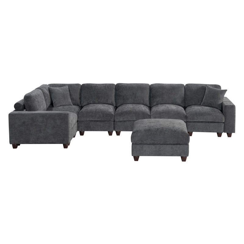 127" L-Shaped Modular Chenille Sectional Sofa With Ottoman, Dark Gray Chenille