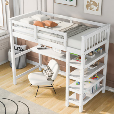 Lit mezzanine blanc avec bureau et tablettes pour un rangement de qualité supérieure