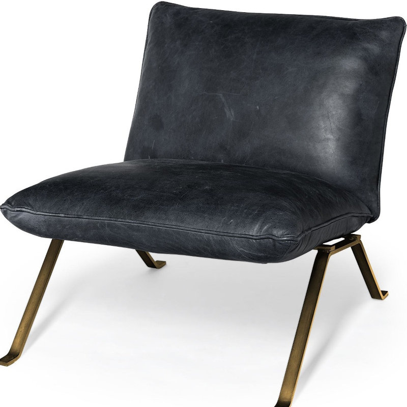  Fauteuil de chambre en cuir grainé noir vieilli avec structure en laiton, Black, Laiton