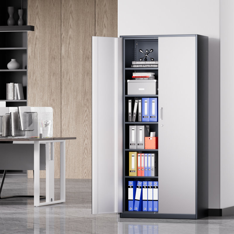 71" Lockable Heavy Duty Metal Storage Cabinet W/ 5 Adjustable Shelves, Gray/White