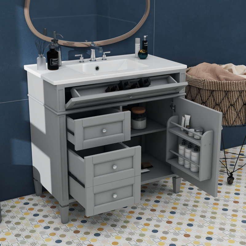 Meuble-lavabo de 36 pouces avec lavabo supérieur, armoire de rangement contemporaine, 2 tiroirs et tiroir basculant, Gris