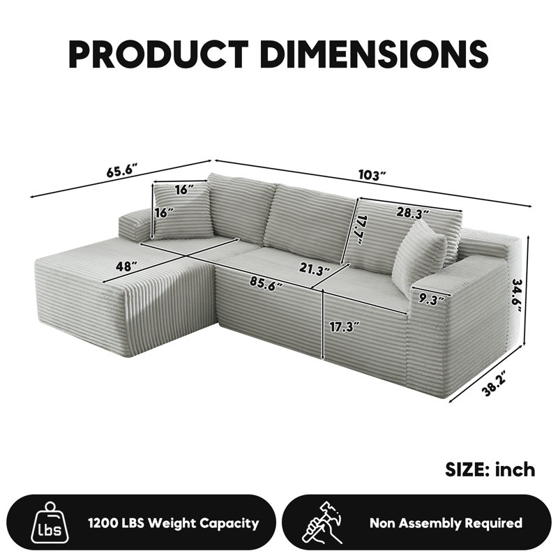 Boneless Modular Sectional Sofa, Cloud Couch, Left Hand Facing, Light Gray