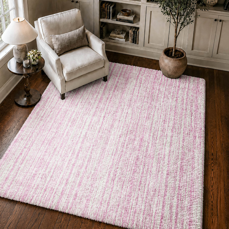 Tapis à rayures Shaggy Dream lavable à la machine de qualité supérieure, Pink, 9' x 12'