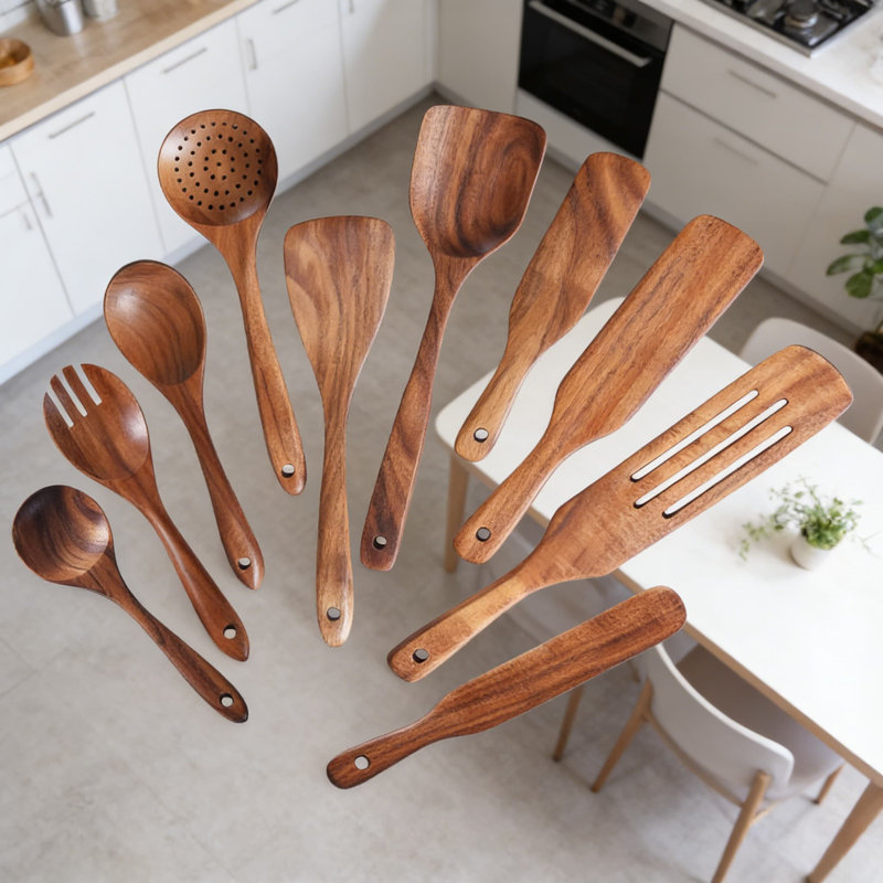 Ensemble d'ustensiles en bois de teck 10 pièces pour la cuisine, cuillères et cuillères en bois naturel pour batterie de cuisine antiadhésive, ustensiles de cuisine résistants à la chaleur