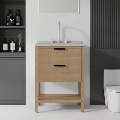 Meuble-lavabo autoportant avec lavabo, tiroir à fermeture amortie et comptoir en marbre reconstitué blanc granit de 5 cm avec dosseret, contreplaqué, chêne