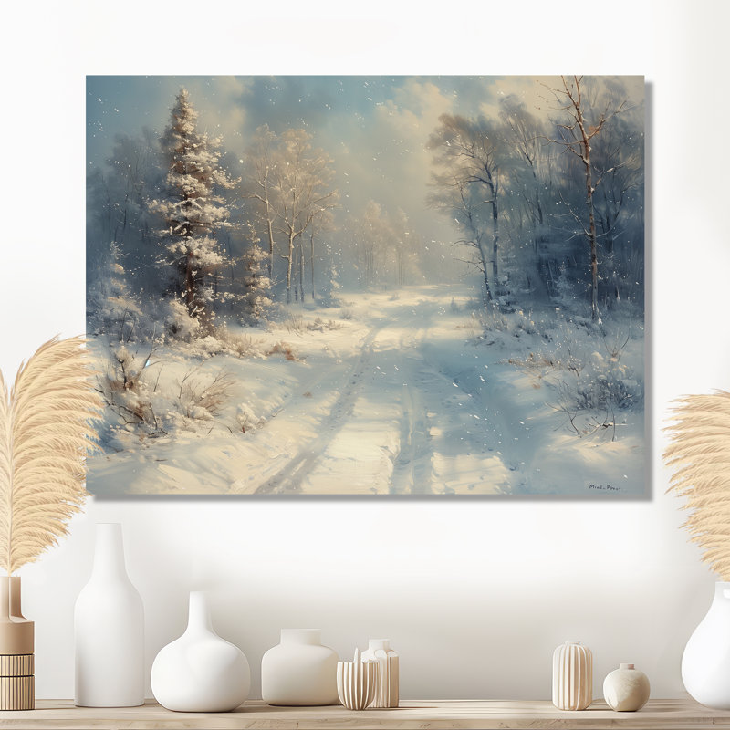 «White Winter Winter Road Into Forest I - Winter Landscape Wall Art Living Room», Métal métal, H 30 po x l 40 po