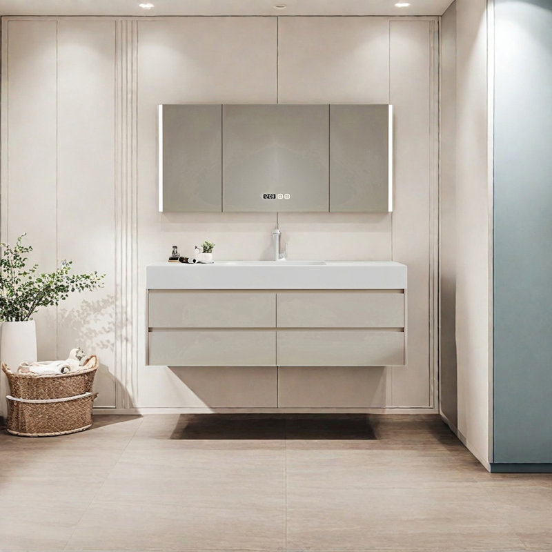 Armoire de salle de bain crème, Beige, H 19,68 po x l 55,11 po x P 21,65 po