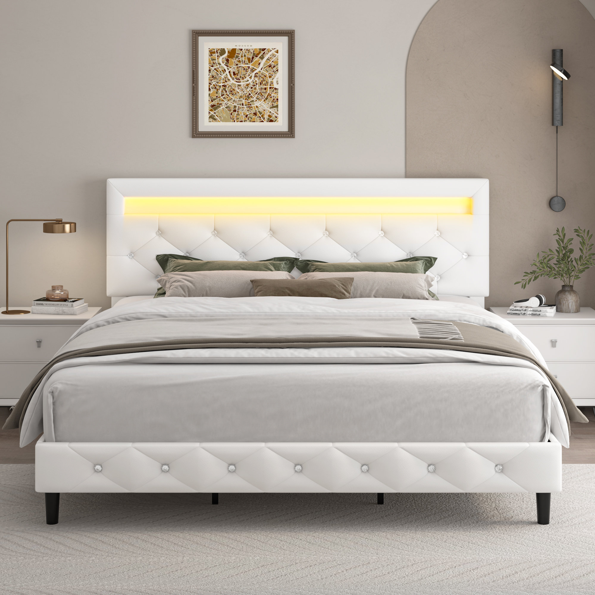Alanta Tufted Upholstered Platform Bed with LED and Crystal Wade Logan Color: White, Size: King