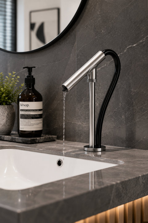 Modern bathroom vanity featuring a sleek dual-tone metallic and black faucet flowing into a white undermount sink against dark marble tiles.