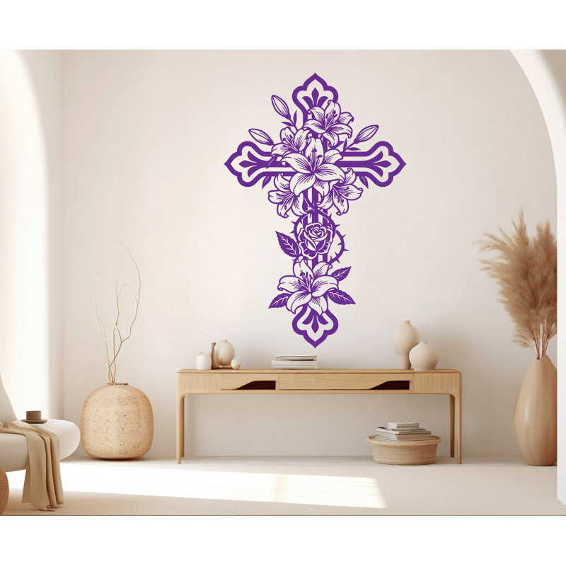 Décalcomanie murale Jésus, croix de vinyle, croix florale, décorations chrétiennes, roses 1129DRS, 35x53 inches