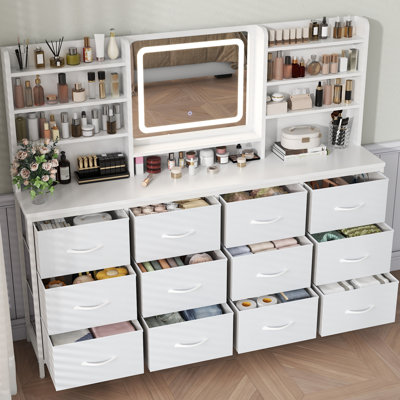 Dresser with LED Mirror for Bedroom, 63" W Chest of Drawers, White Dresser with 12 Large Fabric Drawers, Modern Vanity Desk Makeup Table with 6 Storage Shelves, 3 Lighting Modes