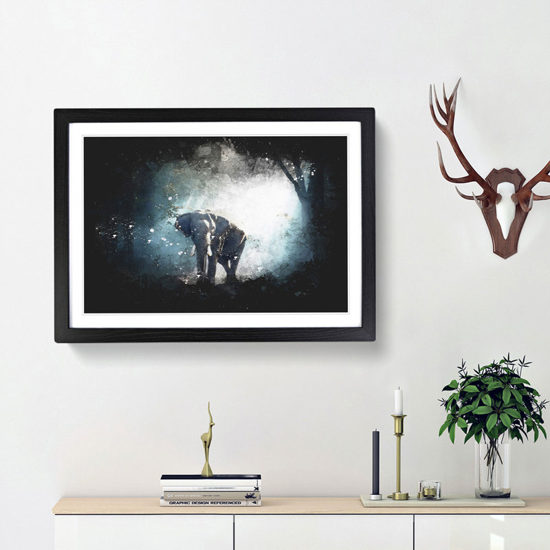 Elephant Roaming In A Green Forest Paint Splash - Framed Print, 33cm H x 45cm W x 2cm D, Black Framed