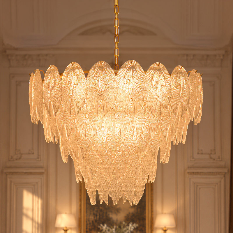 Lustre en verre texturé à plumes, 5 niveaux, 12 lumières, 71 cm (28 po), laiton antique