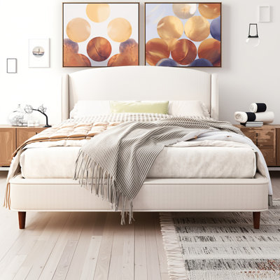 Structure de lit très grand tapissier blanc - tête de lit à oreilles 87,20 po x 79,50 po x 44,50 po, capacité de 500 lb, aucun sommier nécessaire