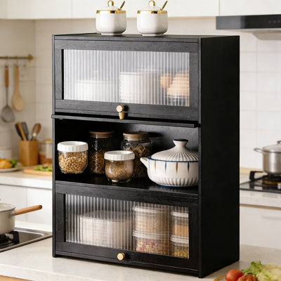 Armoire de rangement en bambou avec portes rabattables, organisateur de garde-manger autoportant à 3 niveaux pour comptoir, buffet et armoire utilitaire