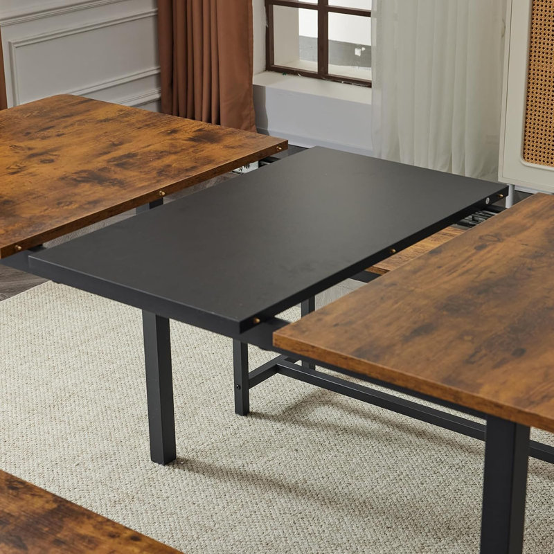 Table de salle à manger et bancs extensible pour 6 personnes de style campagnard, Noyer / noir