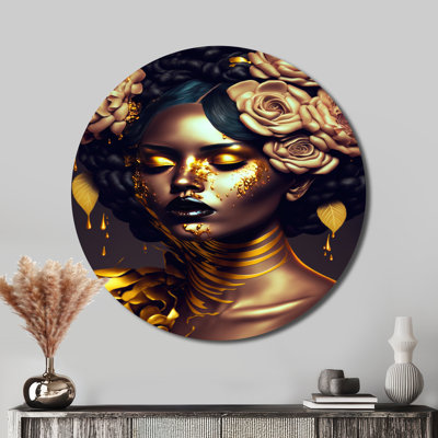 Gold And Black Floral Woman IV - Fashion Round Metal Wall Home Decor