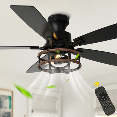 52" 5-Blade Black Flush Mount Ceiling Fan with Lights and Remote Control, 6-Speed Low Profile Farmhouse Ceiling Fan for Bedroom, Living Room