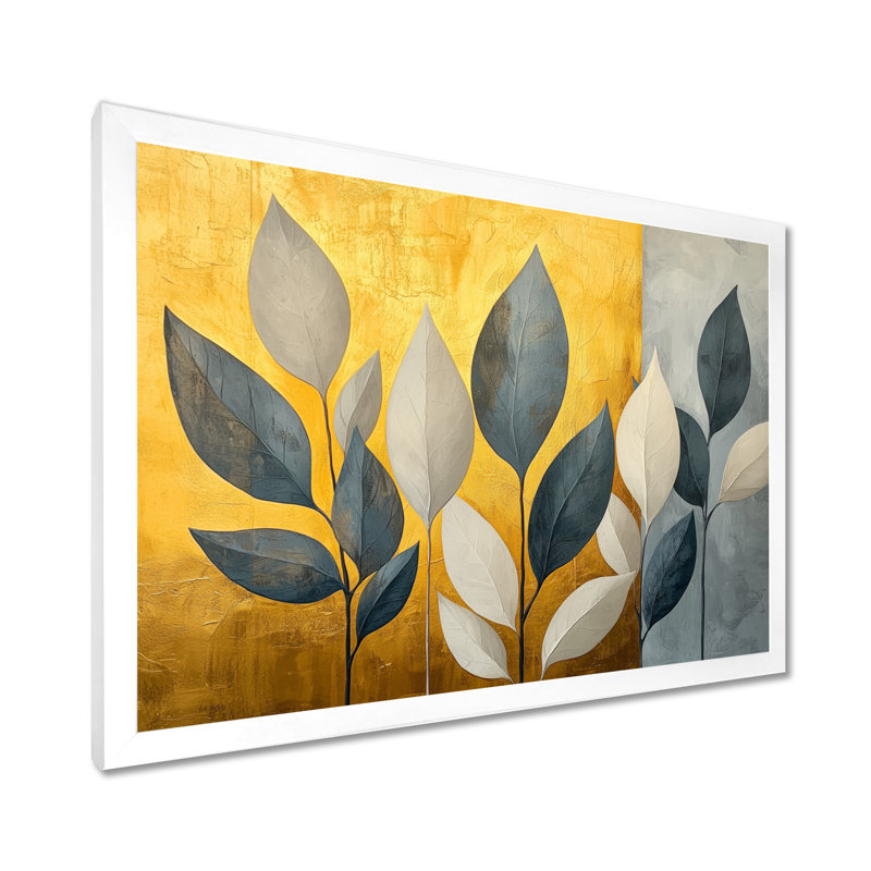 Simplicité dorée et verte «Herbes» - art mural grandes herbes, H 34 po x l 44 po, Picture Framed, Blanc