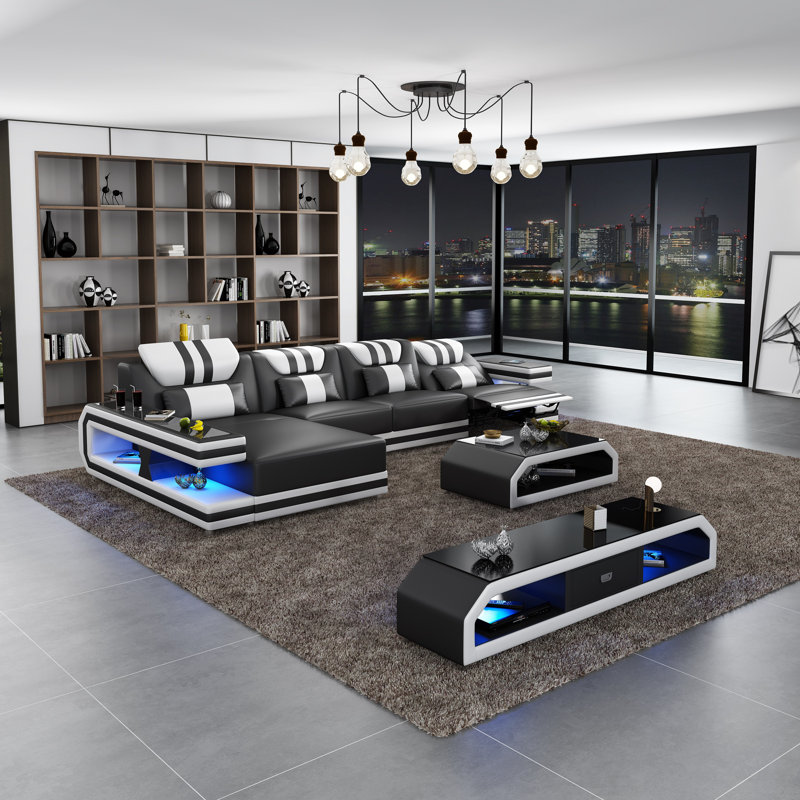 Lightspeed Sectional, Left Hand Facing, Black/White Genuine Leather
