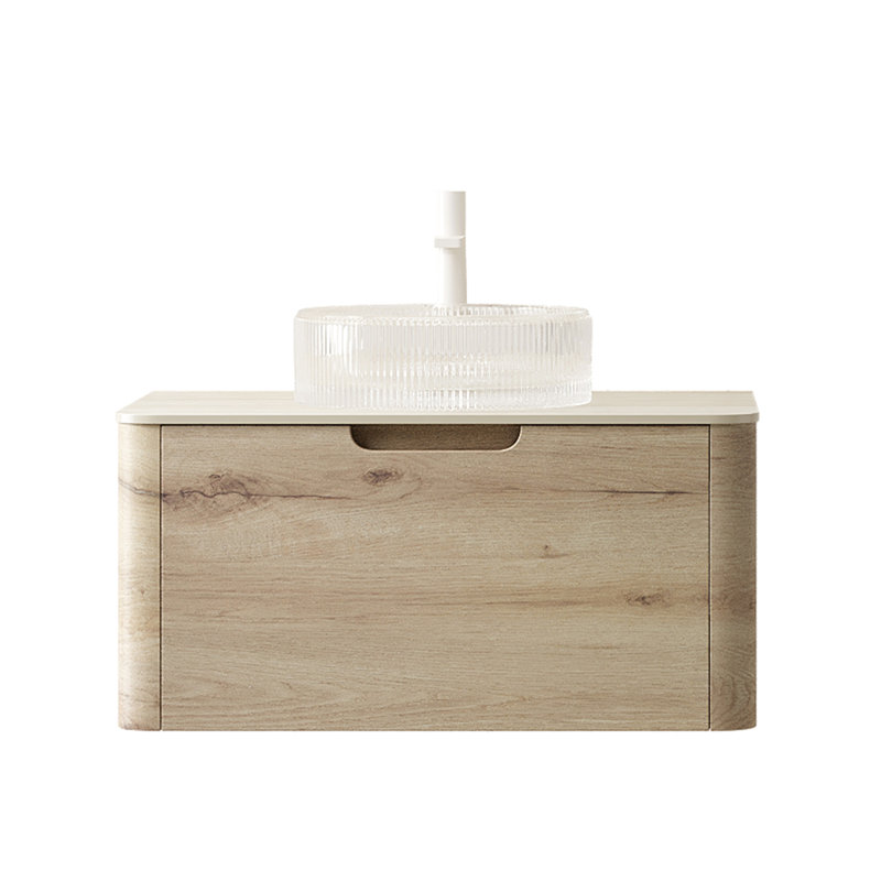 Meuble-lavabo de salle de bain 30 po avec lavabo rond en cristal transparent avec rayures artistiques, plateau en pierre frittée, armoire en contreplaqué flottant, finition chêne blanc, glissières de tiroir à fermeture en douceur
