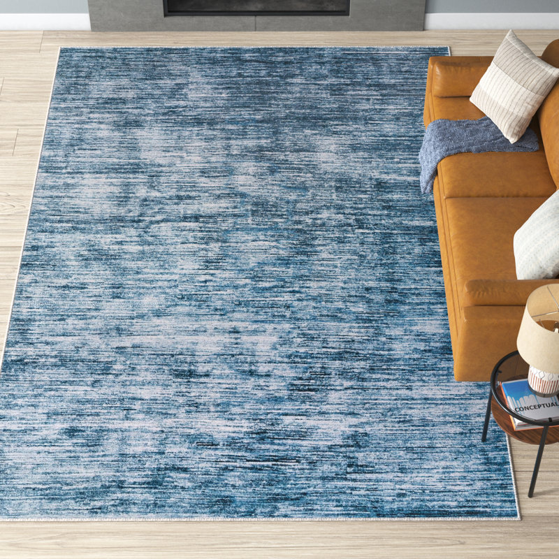 Tapis bleu en chenille tissé à la machine Montagne, Rectangle 8 pi 4 po x 12 pi