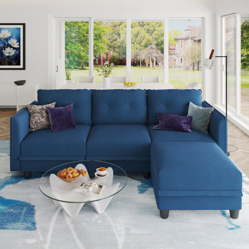 Zendajas 85" Curved Arm Sofa & Chaise With Storage Ottoman, Blue Velvet