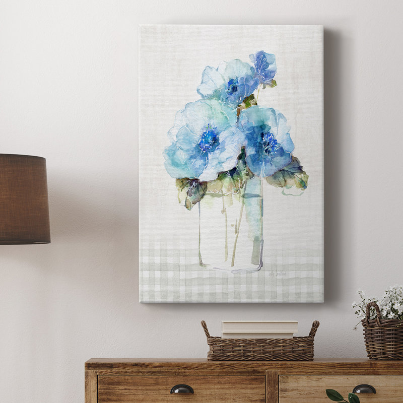Fleurs vichy bleues II - Cavas enveloppés de galerie, H 60 po x l 40 po