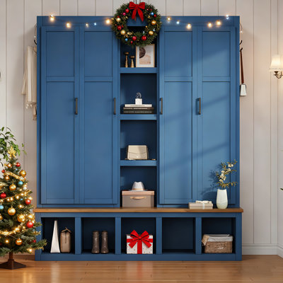 62.9"W Farmhouse 4-In-1 Hall Tree With 6 Hanging Hooks & 4 Wardrobes,Mudroom Wood Grain Bench With Open Compartments