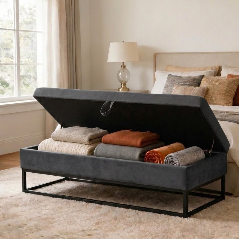 Banc de rangement rembourré en velours avec siège rabattable Modern, Gris