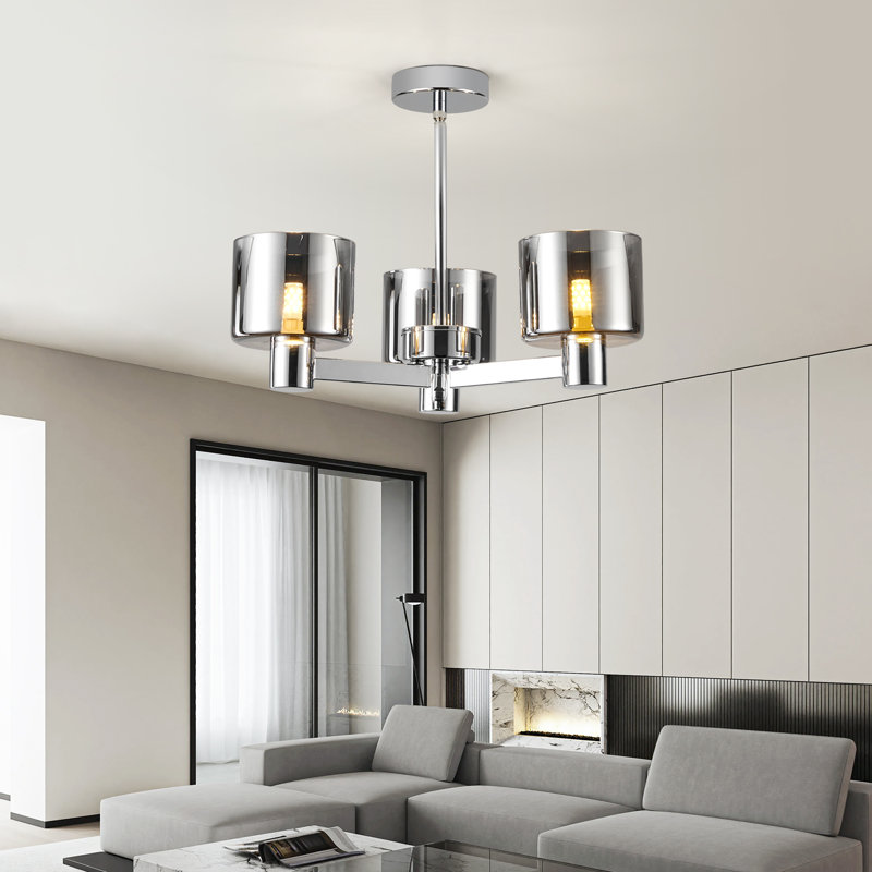Glass Semi Flush Mount, Chrome, 3 Lights, Grey