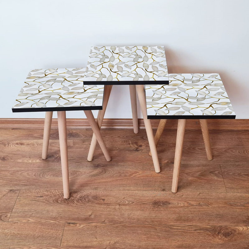 Ensemble de tables gigognes modernes (3 pièces), blanc et gris avec accents dorés, pieds en bois de hêtre, 13,8 po x 20,5 po x 13,8 po | 100% panneau de fibres à densité moyenne, épaisseur: 0,7 pouce | Élégant et fonctionnel pour le salon, la chambre à coucher ou le bureau