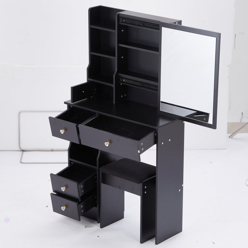 29.2" Small Space Left Drawer Desktop Vanity Table + Cushioned Stool