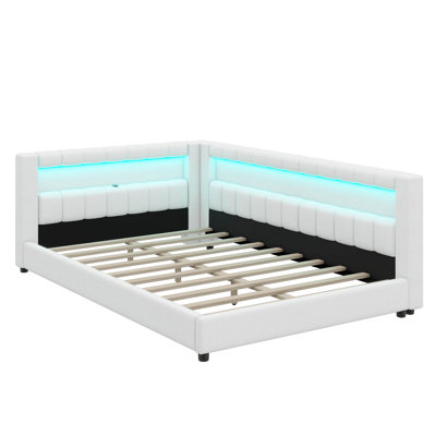 Full XL Size Upholstered Daybed With Integrated Storage, L-Shaped Layout With LED Strip And USB Connectors, Linen Fabric Bed Frame