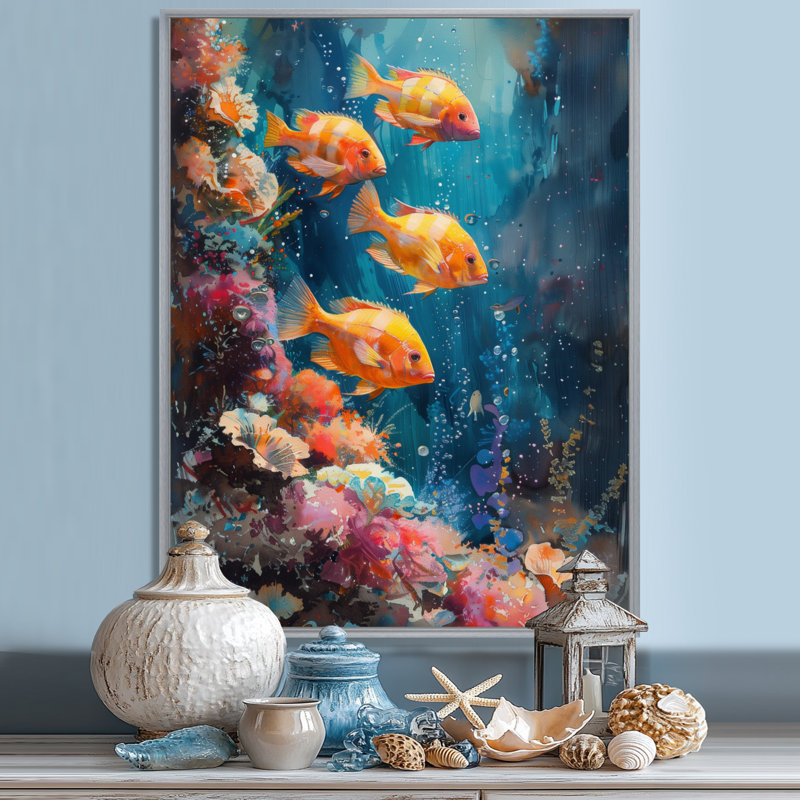 «Blue Orange Coral Marine Fish Life III», art mural corail, Cadre argenté flottant, bois massif, H 30 po x l 40 po