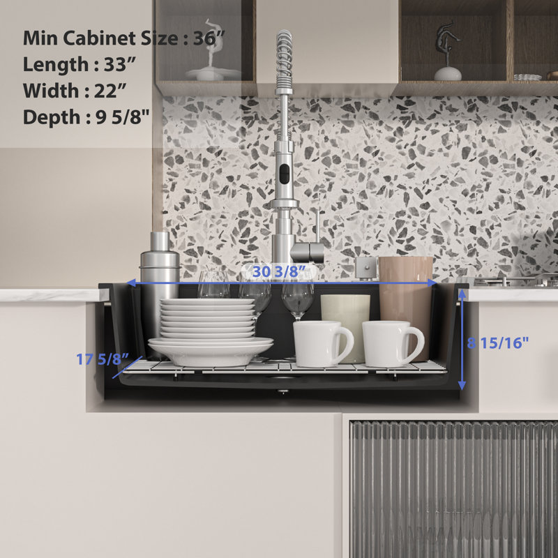 33'' L Drop-In Single Bowl Quartz Kitchen Sink, Black