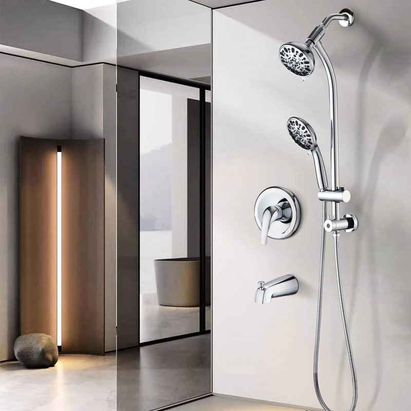 Système de double pomme de douche murale avec barre coulissante en acier inoxydable, 7 réglages de jet, 7 réglages et 1,8 gallon par minute, montage, tuyau de 59 po, assemblage