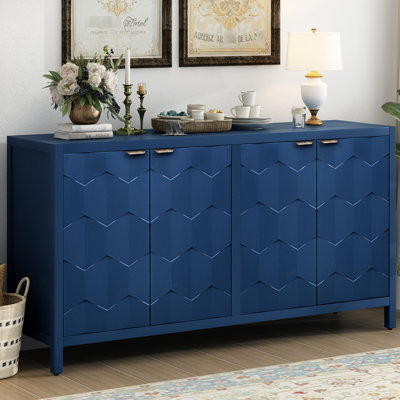 Buffet spacieux à quatre portes bleu marine avec motif en nid d'abeille complexe - poignées en métal et portes luxueuses, rangement abondant