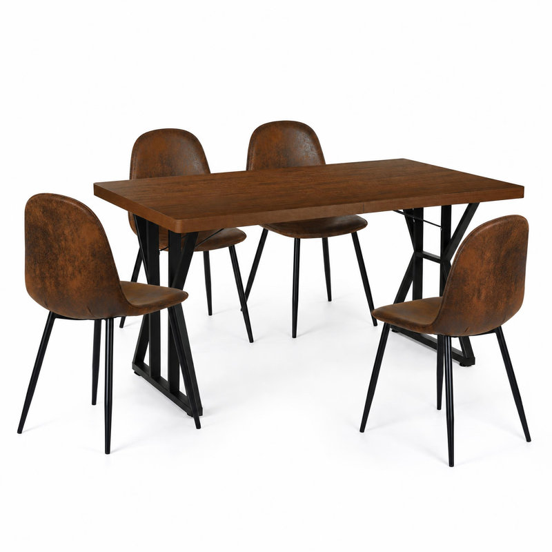 5-Piece Industrial Dining Table Set With Upholstered Dining Chairs, Rectangular Wood-Look Table And Metal Base, Brown