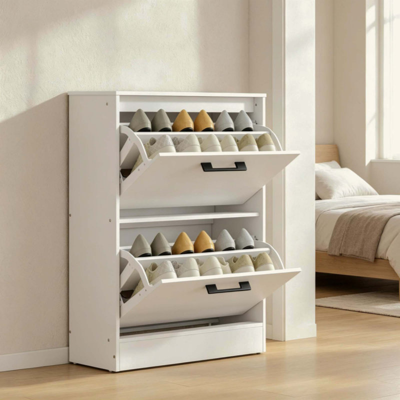 Armoire à chaussures 2 tiroirs rabattables avec diviseurs réglables, Blanc