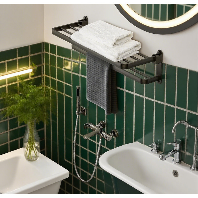 Porte-serviettes de salle de bain peu encombrant avec conception pliable - Tablette porte-serviettes à 2 niveaux pour la salle de bain, la salle de lavage ou le couloir - Facile à installer avec fixation à vis