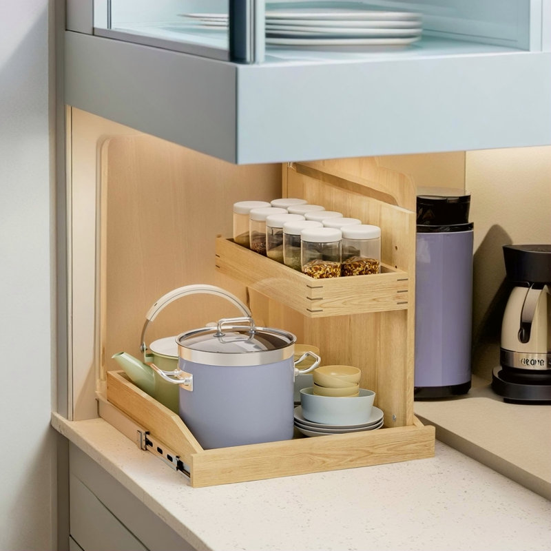 Organisateur sous évier et rangement l 22 ½ po x P 21 po, organisateur d'armoire coulissant à 2 niveaux avec fermeture rigide, organisateur d'armoire coulissant réglable avec support en U pour la cuisine de la salle de bain (à droite)