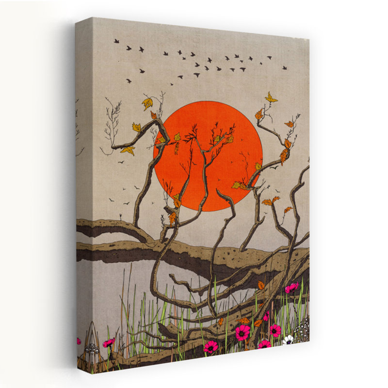 Contemporary Art Organic Peaceful Retro Bird Autumn Landscape Wall Art 1 Piece Wrapped Canvas Wall Art, 91.44cm H x 60.96cm W