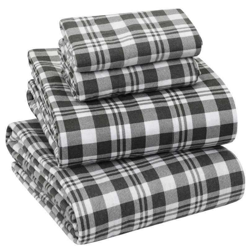 Colyt 100% Cotton Flannel Sheet Set, Queen Sheet Case Pack+Fitted Sheet + 2Pillowcase, Grey Plaid