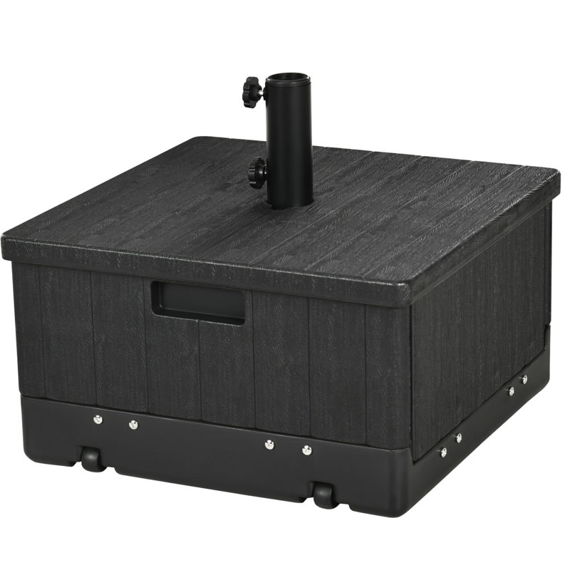 Base de parasol de patio noire avec 31 utilisations, capacité de poids de 175 lb, roues et poignées maniables équipées, fonctionnant comme une boîte à fleurs flexible pour table basse