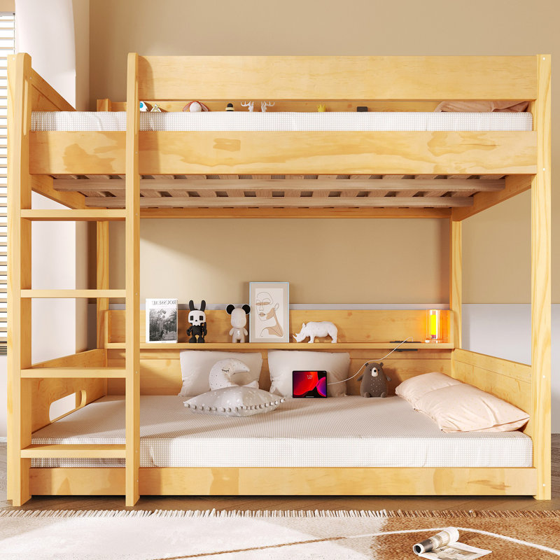 Lit superposé avec tablettes de rangement et ports USB, Bois