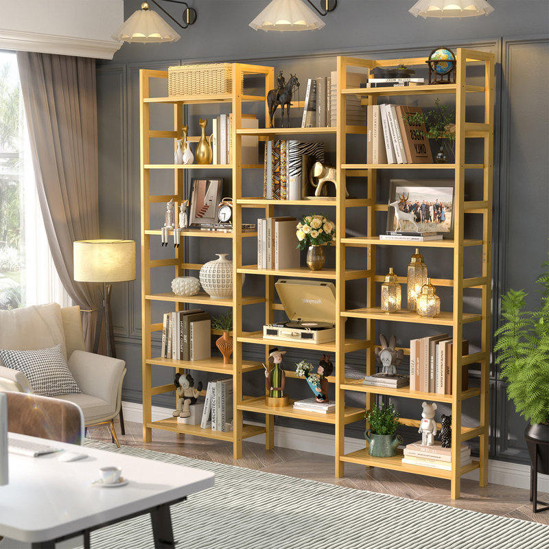 Bamboo Bookcase, 6-Tier Large Open Bookshelf  With Display Shelves, Natural, (17 Shelves) 71.38"H x 61.42"W x 9.84"D